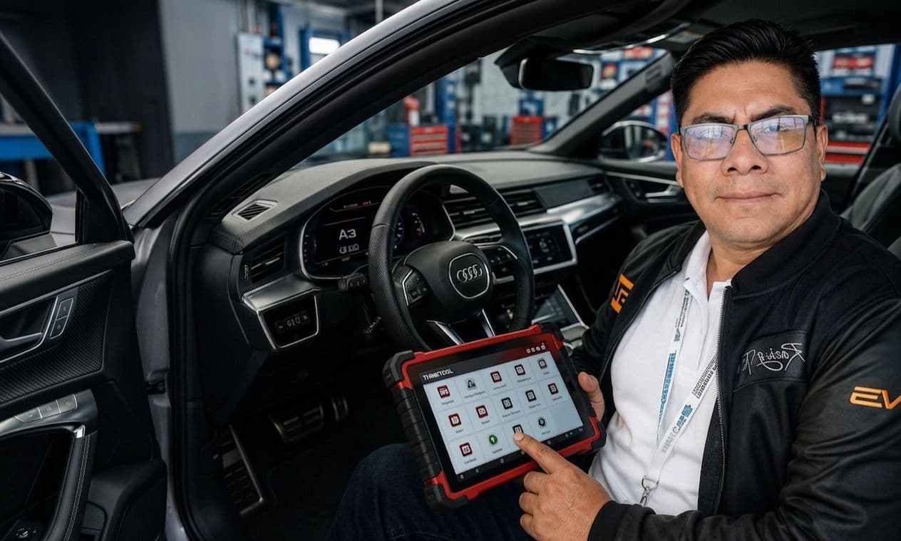 Técnico EVO operando equipo de diagnóstico automotriz en taller
